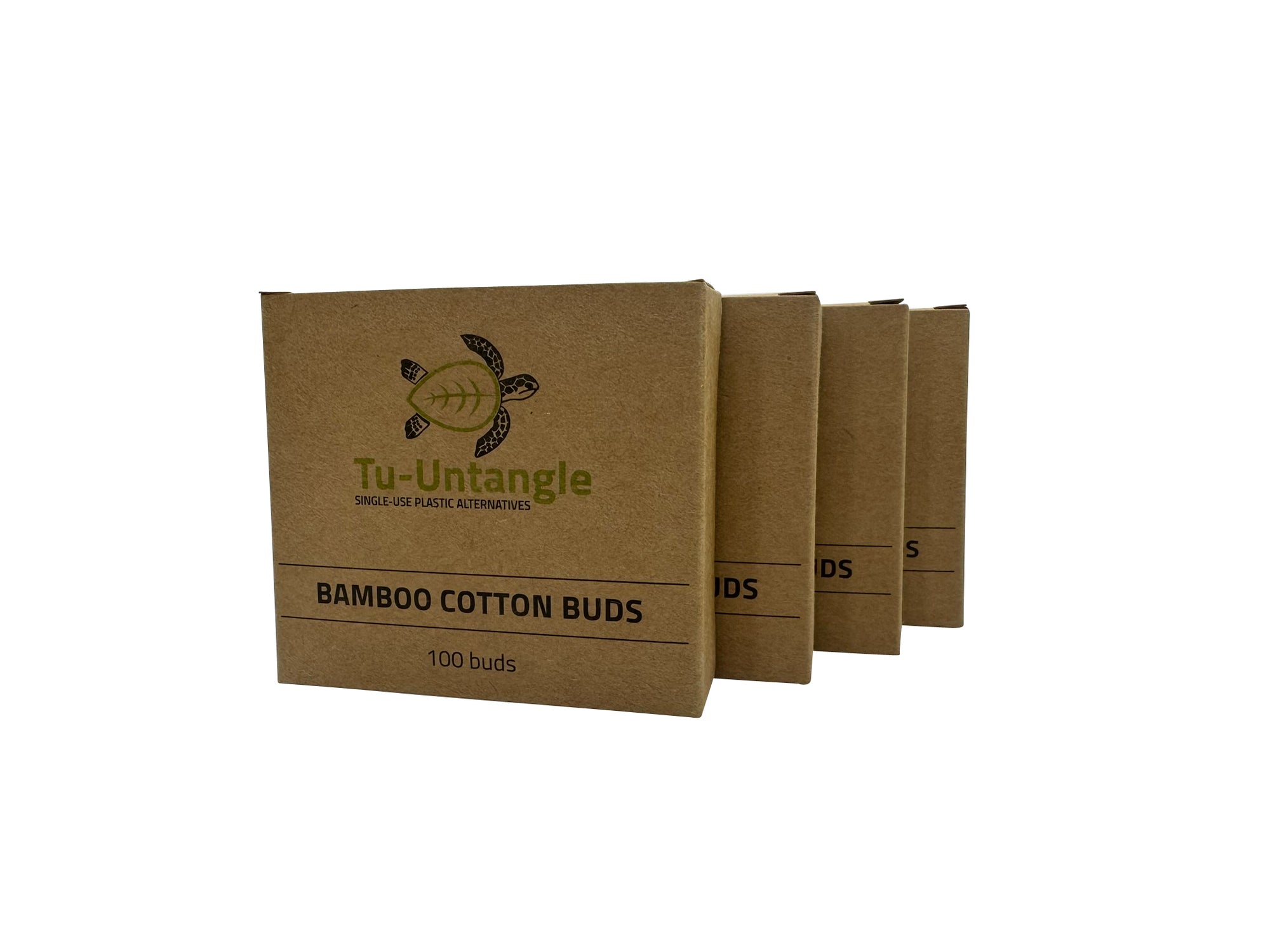 Cardboard packaging of Tu-Untangle bamboo cotton buds on a white background